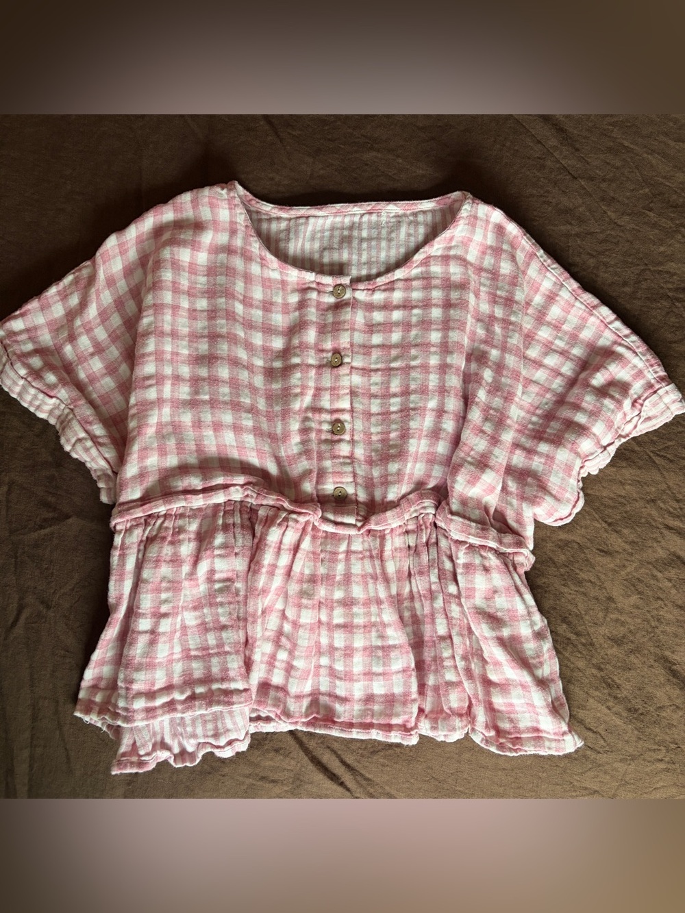 Pink and White Gingham Peplum Button Top - Picture 1 of 4